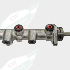 grey brake master cylinder laying horizontally on white background