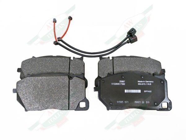 lambo 4M0698151AR lamborghini urus black akebono brake pads with sensor wires on white background