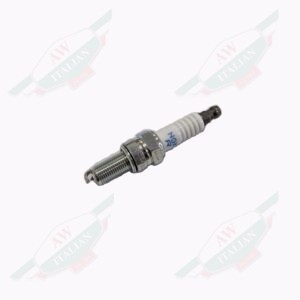grey and white spark plug laying on its side on white background